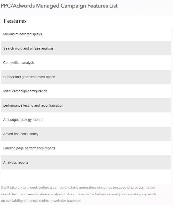 PPC Adwords managed campaign features list